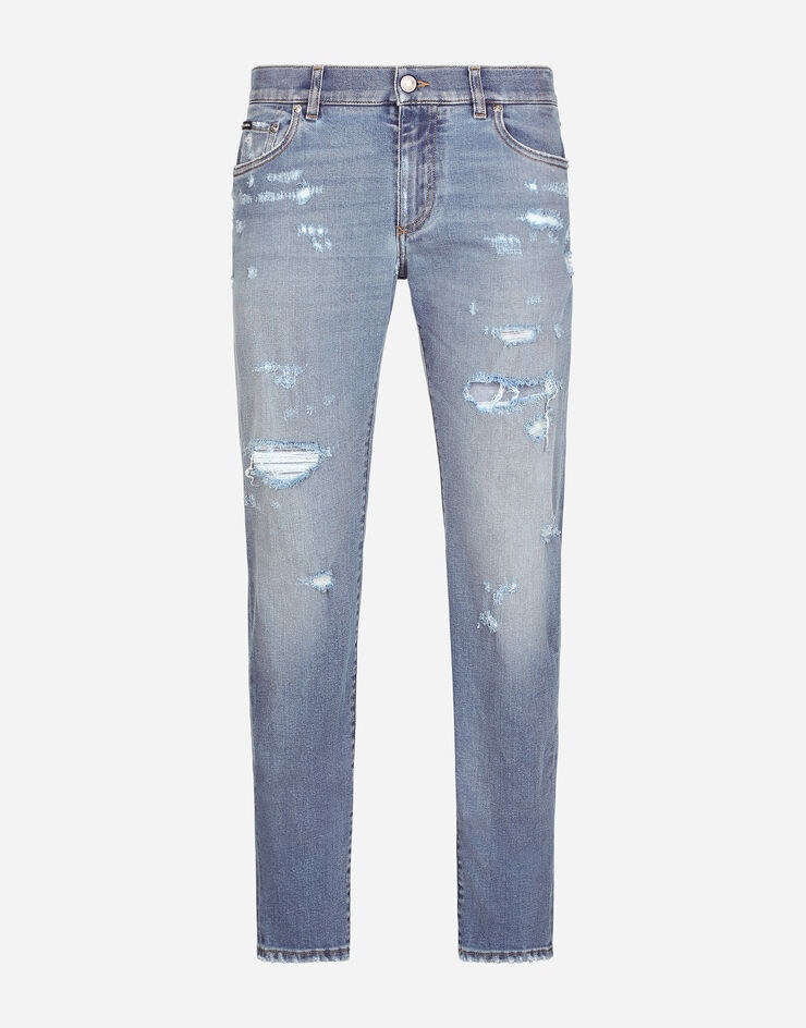 Light blue slim-fit stretch jeans with rips - 3