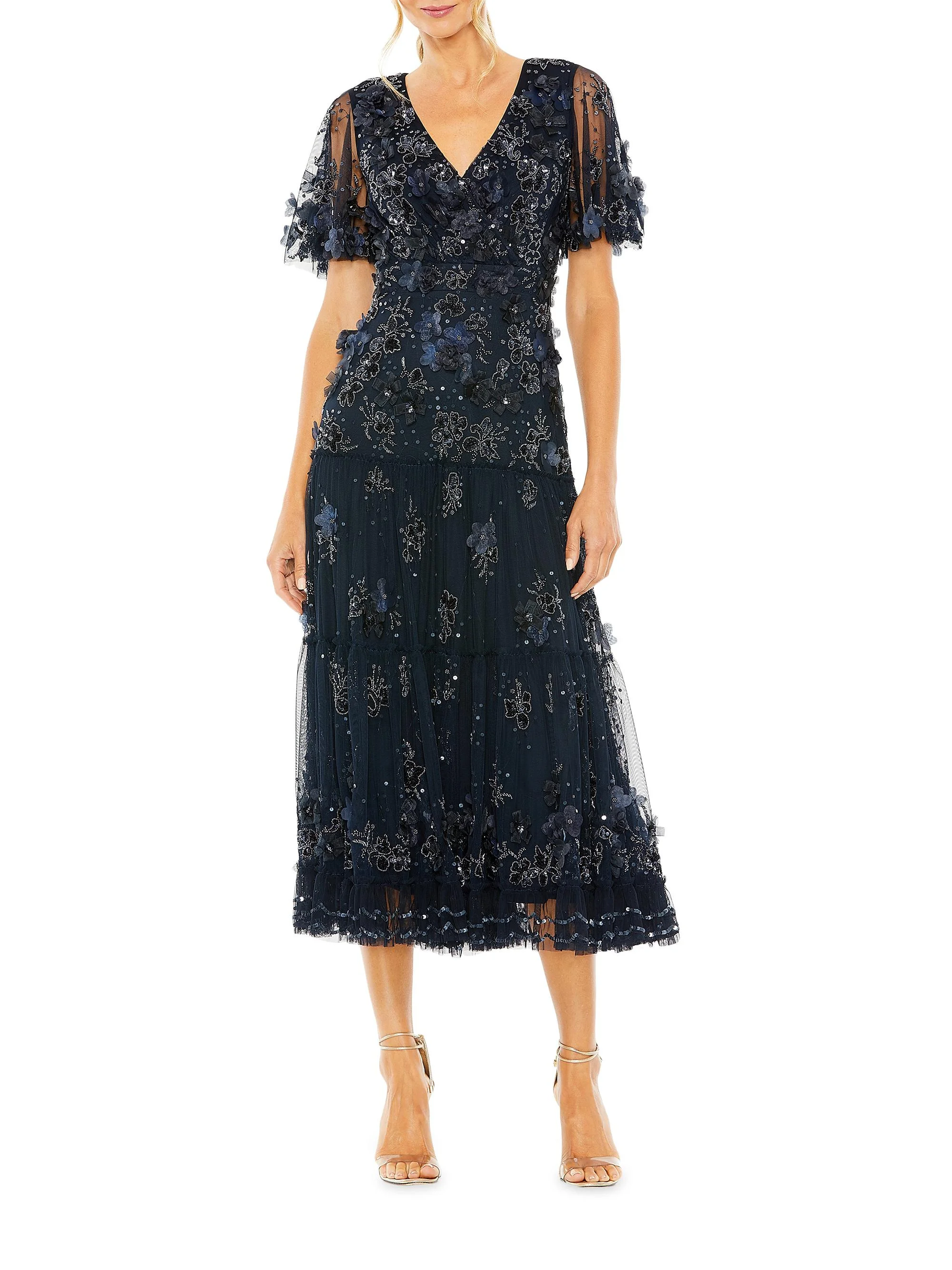 Women's Floral Embellished Tiered Midi-Dress - Midnight - 1
