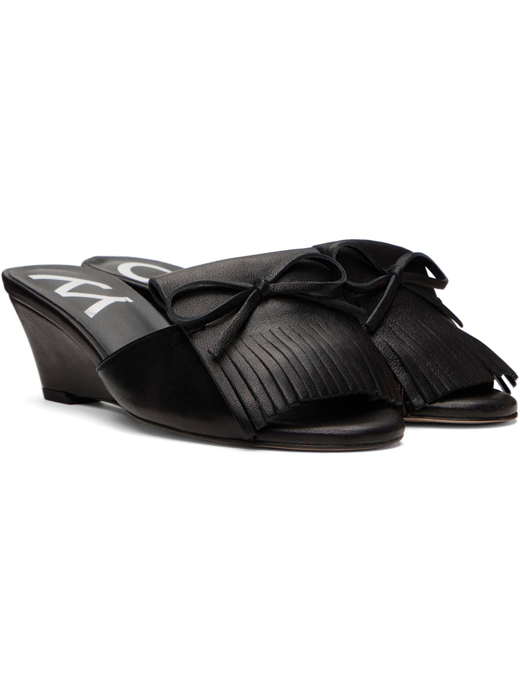 Black Fringe Wedge Mules - 4