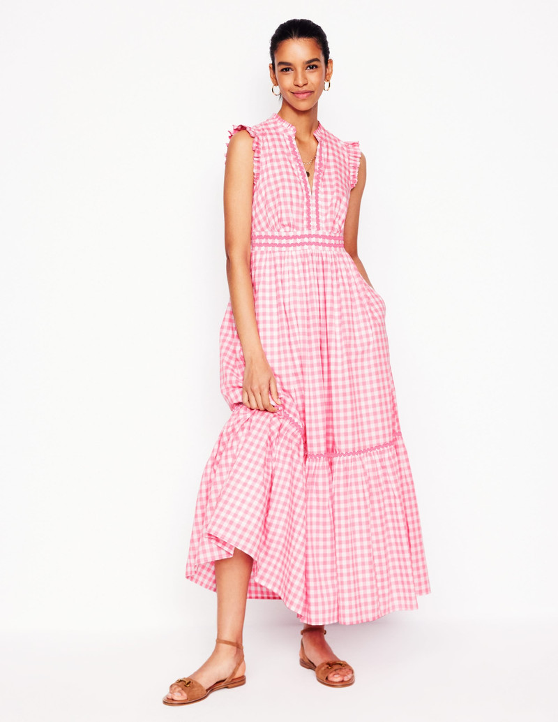 Wren Tiered Midi Dress-Salmon Pink Gingham 5