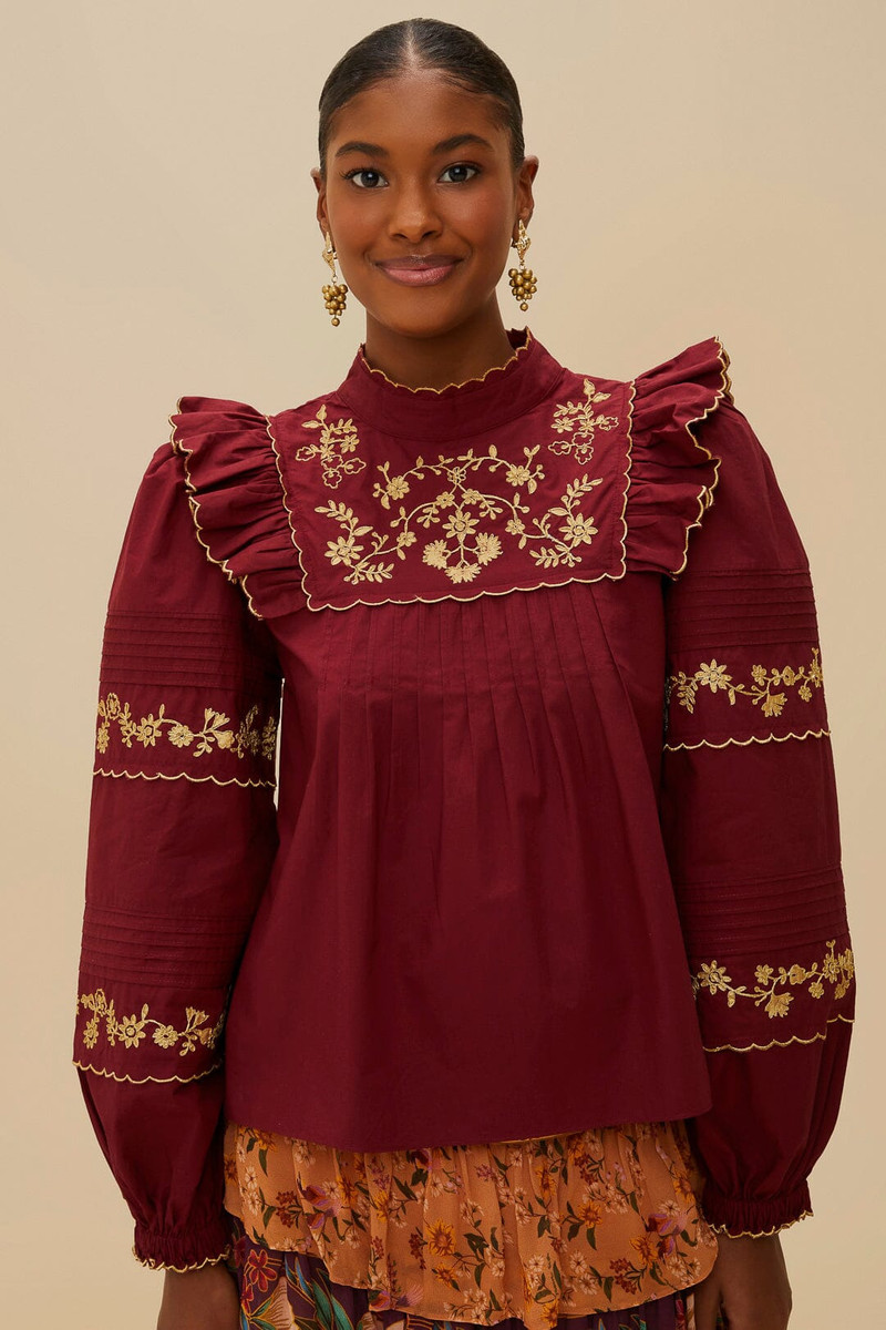 Burgundy Golden Embroidered Organic Cotton Blouse 1