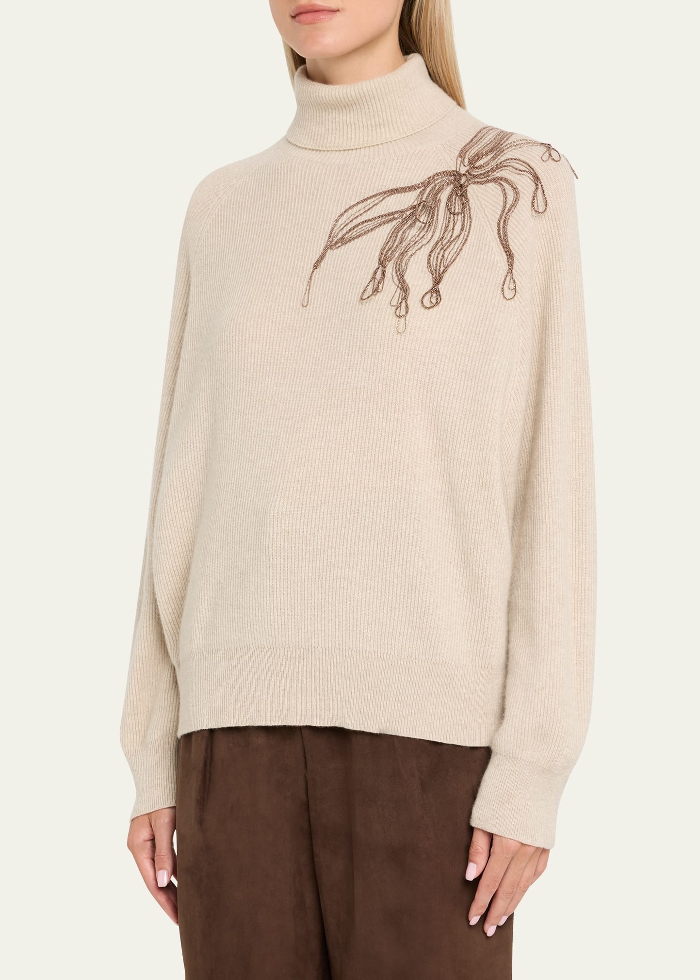 Cashmere Turtleneck with Monili Flower Detail - 4