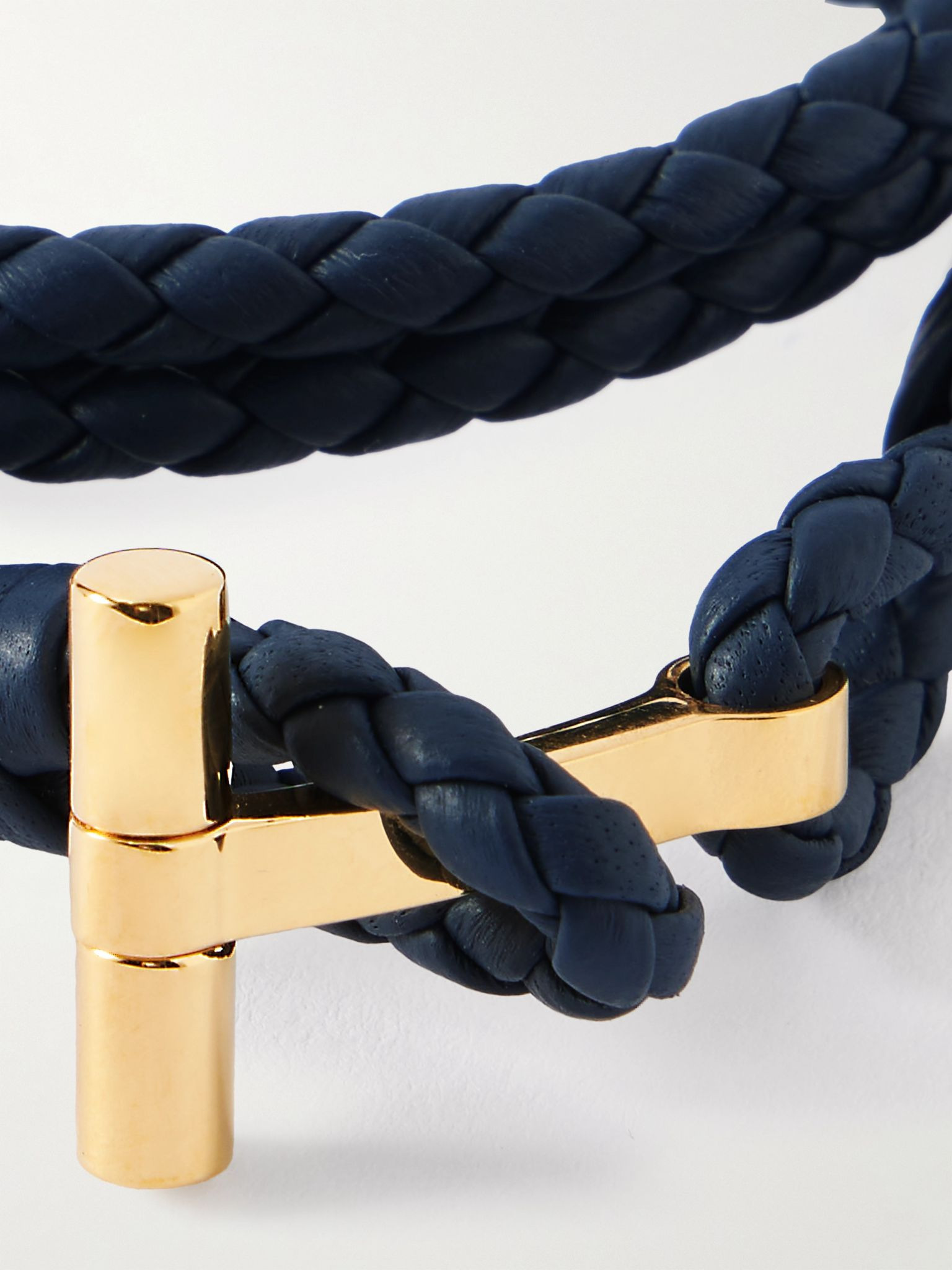 Woven Leather and Gold-Plated Wrap Bracelet Blue - 4