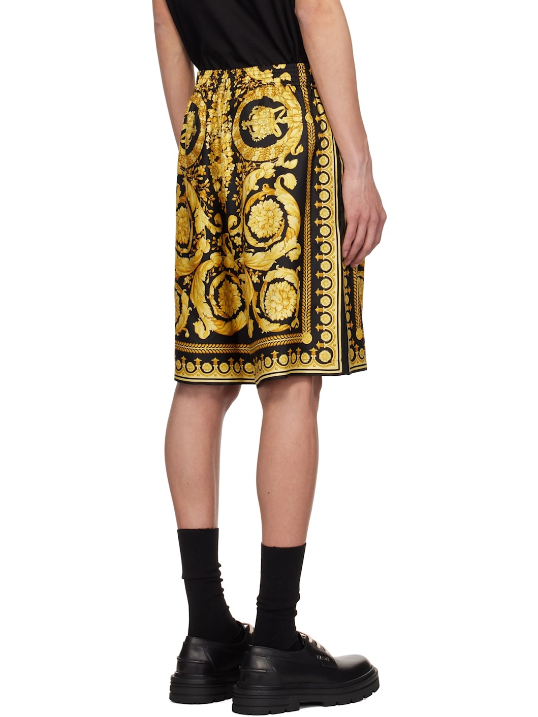 Black & Yellow Barocco Silk Shorts - 3
