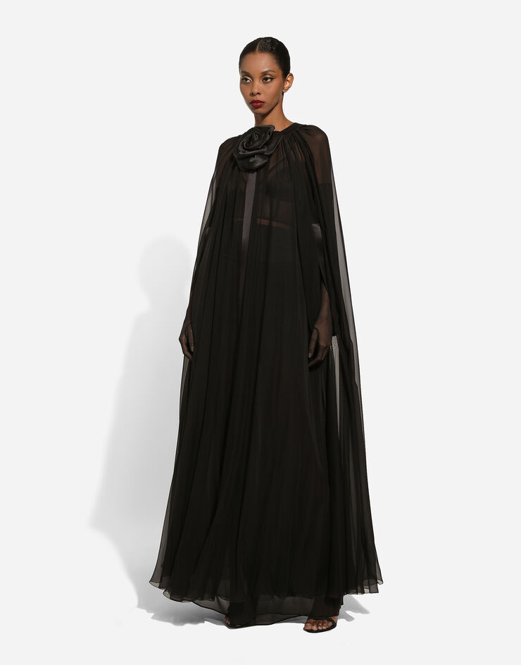 Silk chiffon cape with flower appliqué - 3