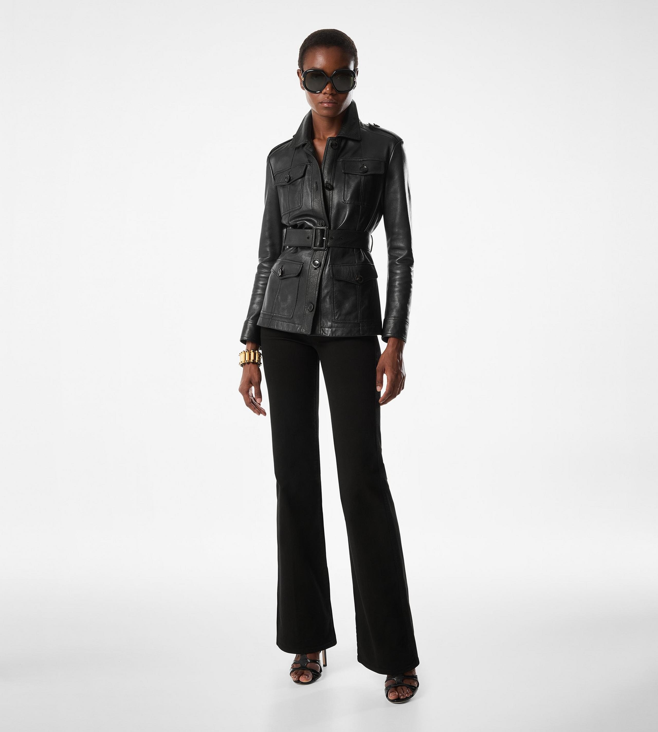 SHINY PLONGE LEATHER BELTED SAFARI JACKET - 3