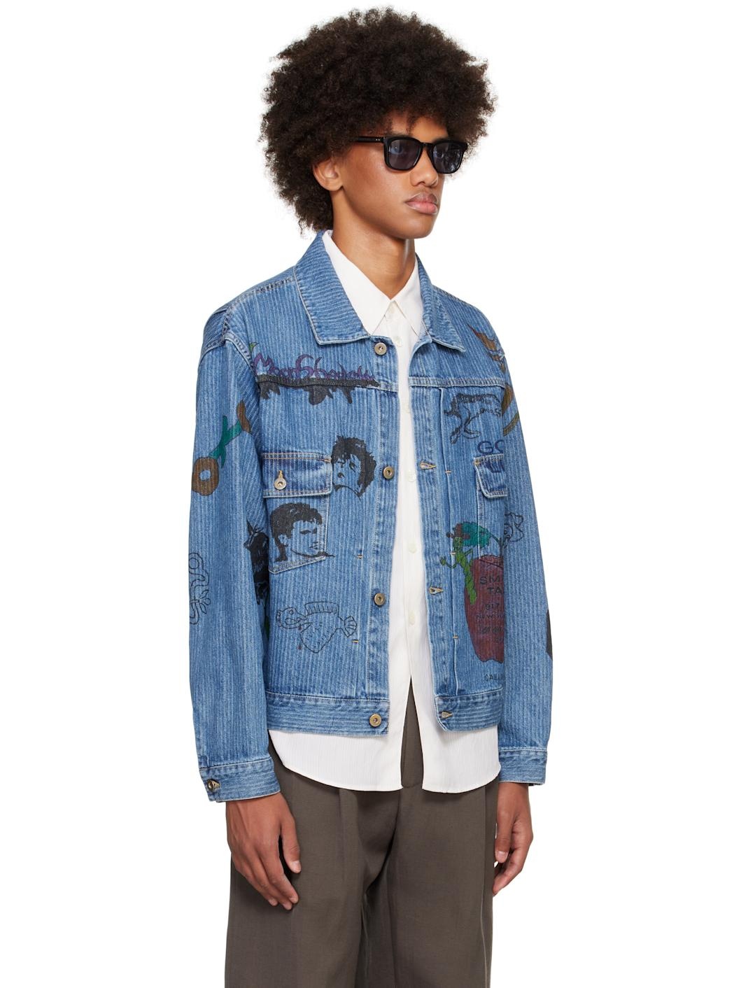 SSENSE Exclusive Blue Hand-Drawn Jacquard Stripe Denim Trucker Jacket - 2