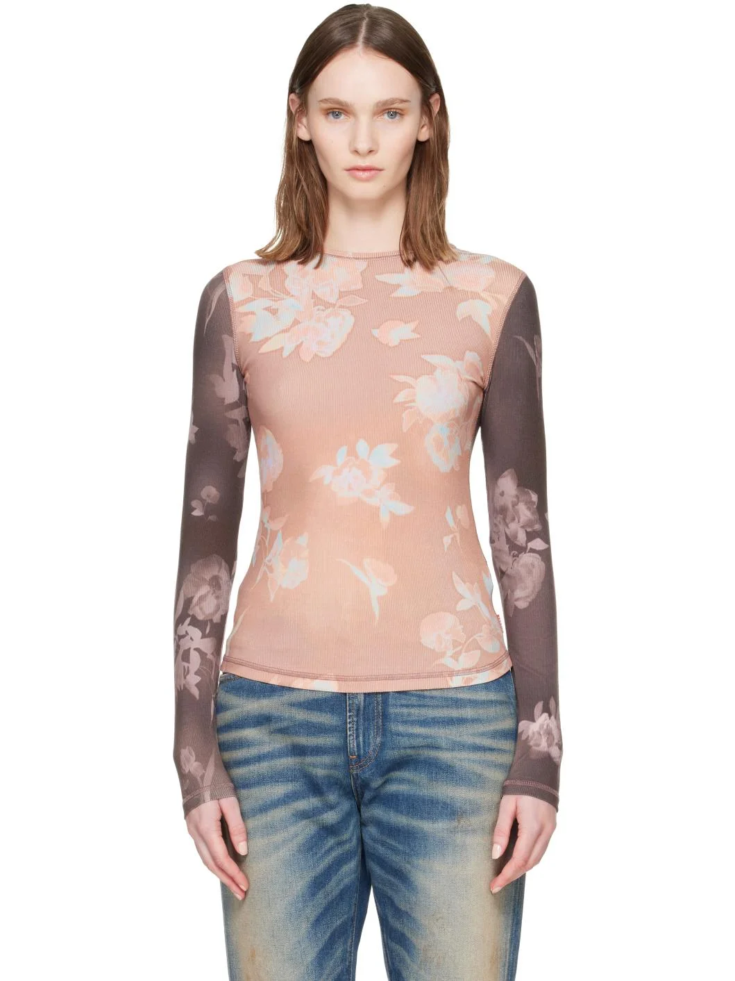 Pink & Brown Floral-Print Ribbed Jersey T-shirt - 1