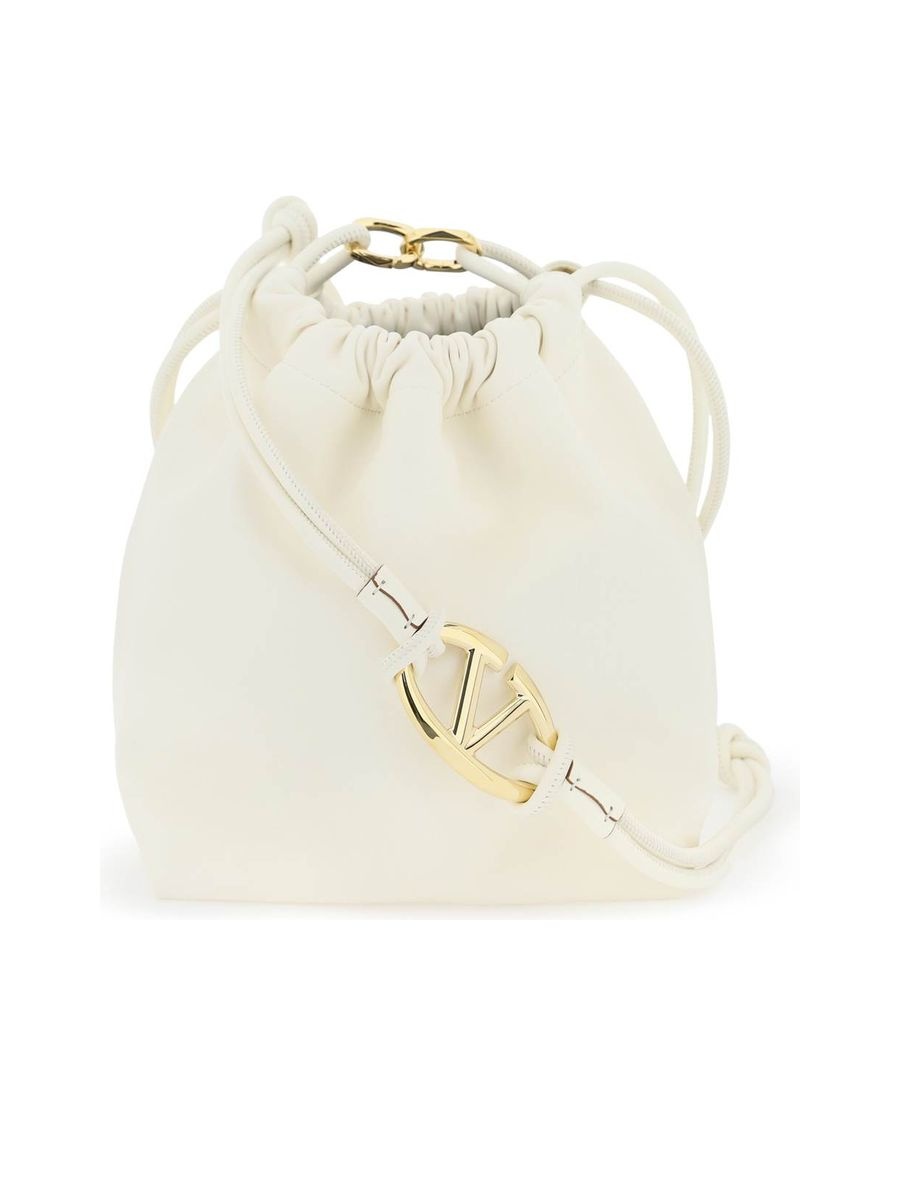 Leather Bucket Bag with Drawstring Closure and Sliding Shoulder Strap - 1