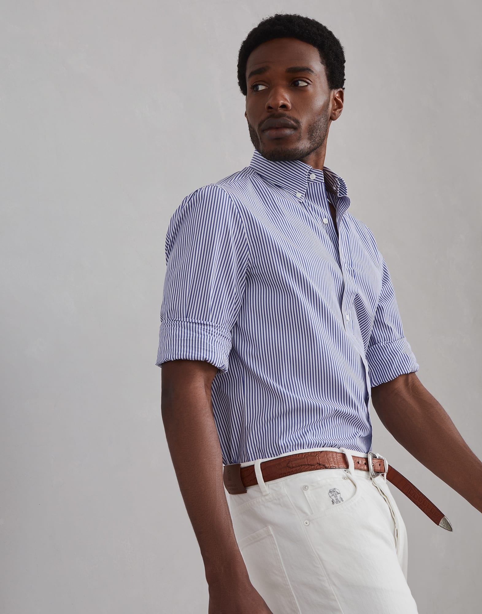 Striped basic fit shirt with button-down collar - 4
