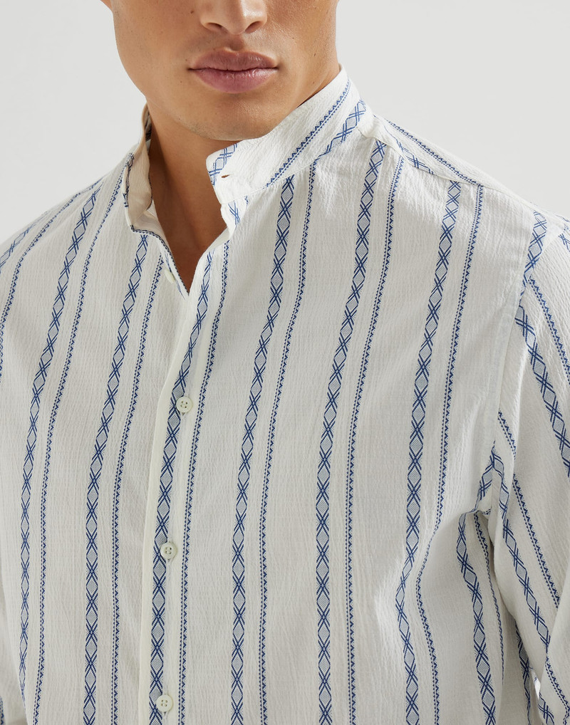 Ethnic stripe seersucker easy fit shirt with Mandarin collar 5