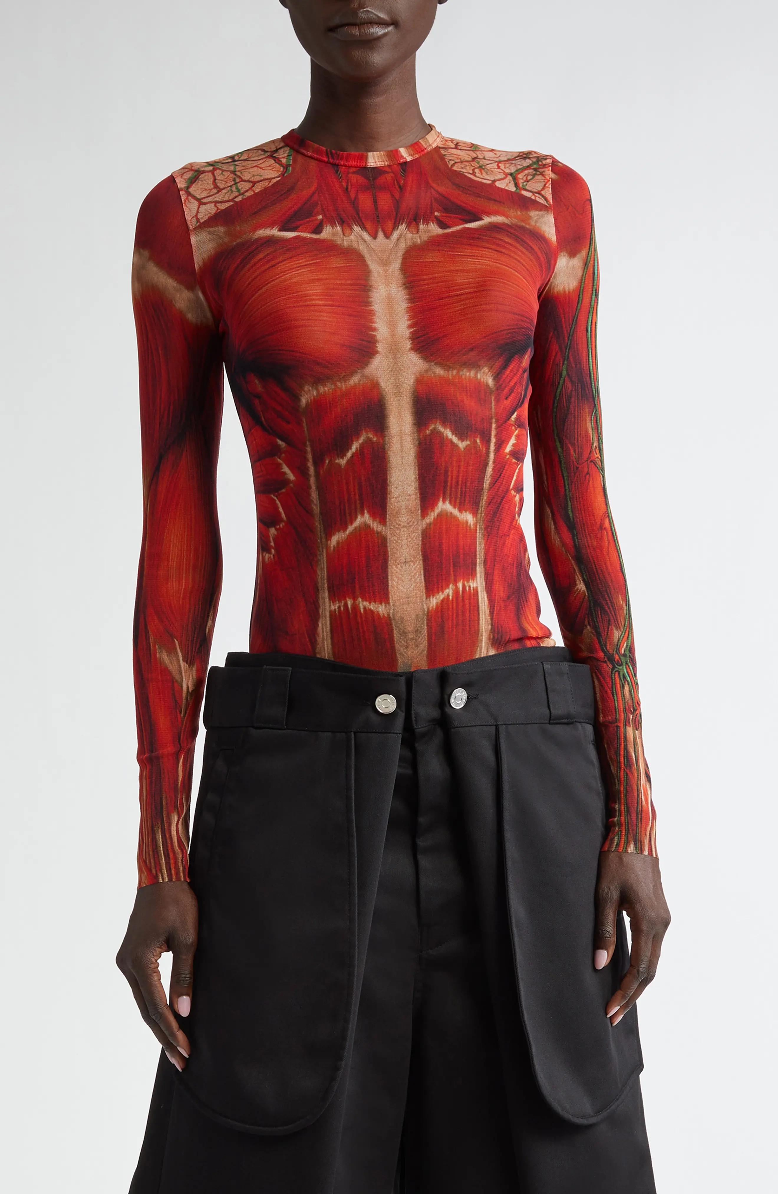 JEAN PAUL GAULTIER ムッシュ長袖カットソー レッド Jean Paul Gaultier Muscle Print Long Sleeve Mesh T-Shirt in