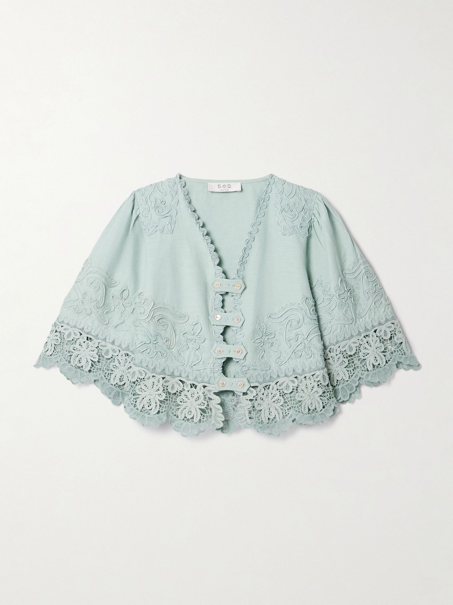 Iyla cropped embroidered broderie anglaise cotton and linen-blend top Blue - 1