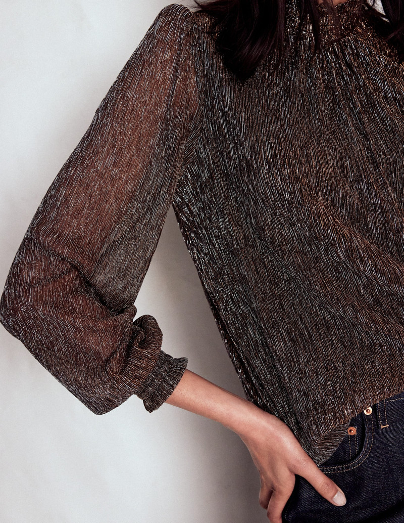 Smocked Neck Metallic Top-Metallic 4