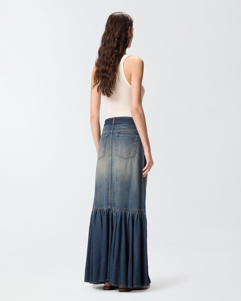 LONG DENIM SKIRT WITH FLOUNCE AND BELT 5