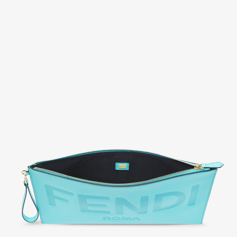 Large pouch with removable bracelet handle. Zipper closure. Made of turquoise leather with Fendi Rom 3