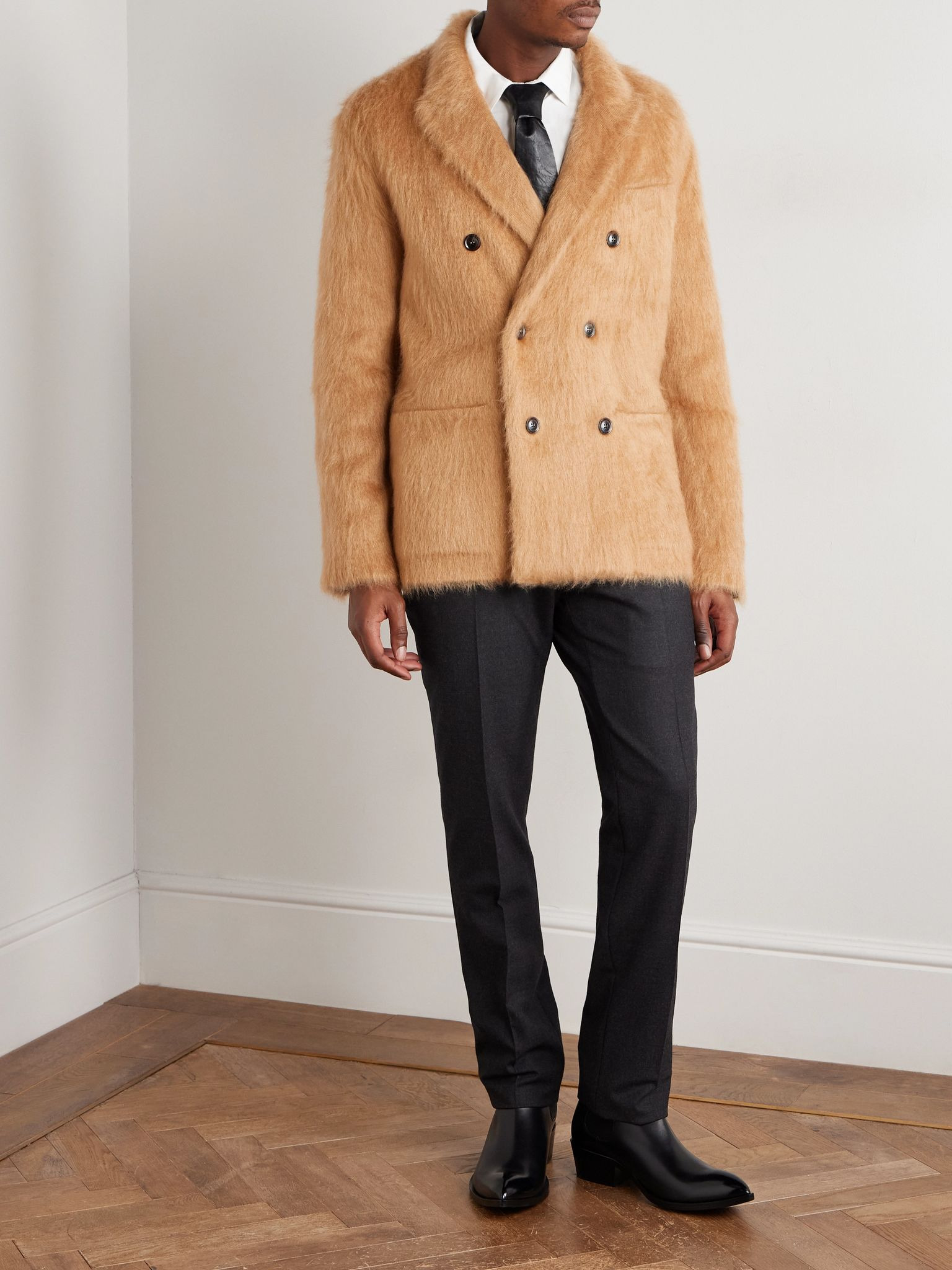 Double-Breasted Brushed Cashmere, Mohair and Silk-Blend Blazer Beige - 2
