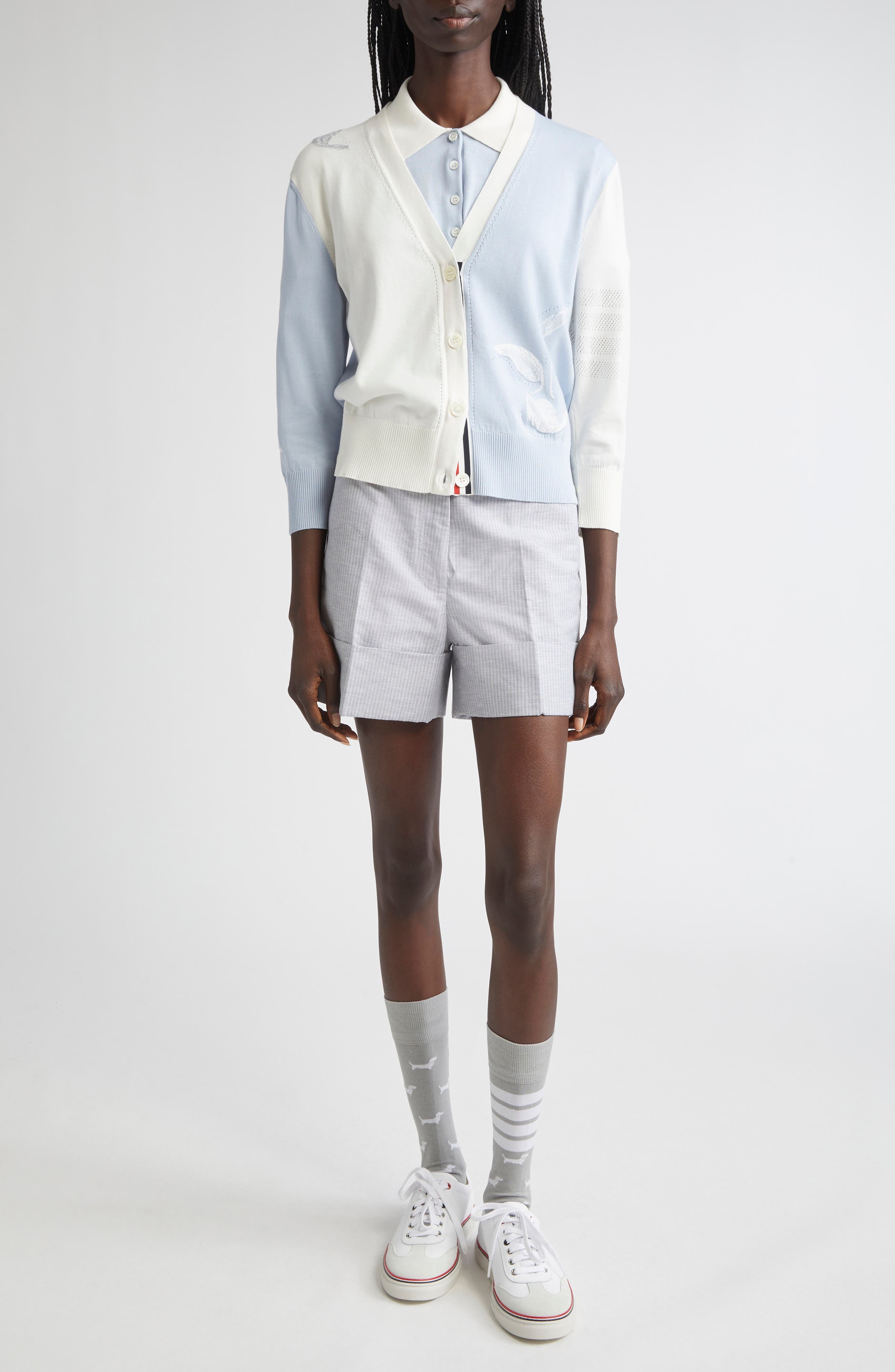 Thom Browne Fun-Mix 4-Bar Feather Intarsia Three Quarter Sleeve Cardigan in Light Blue at Nordstrom - 2