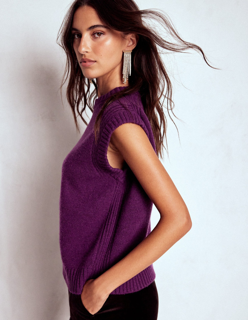 Cashmere Ribbed Trim Vest-Purple 3