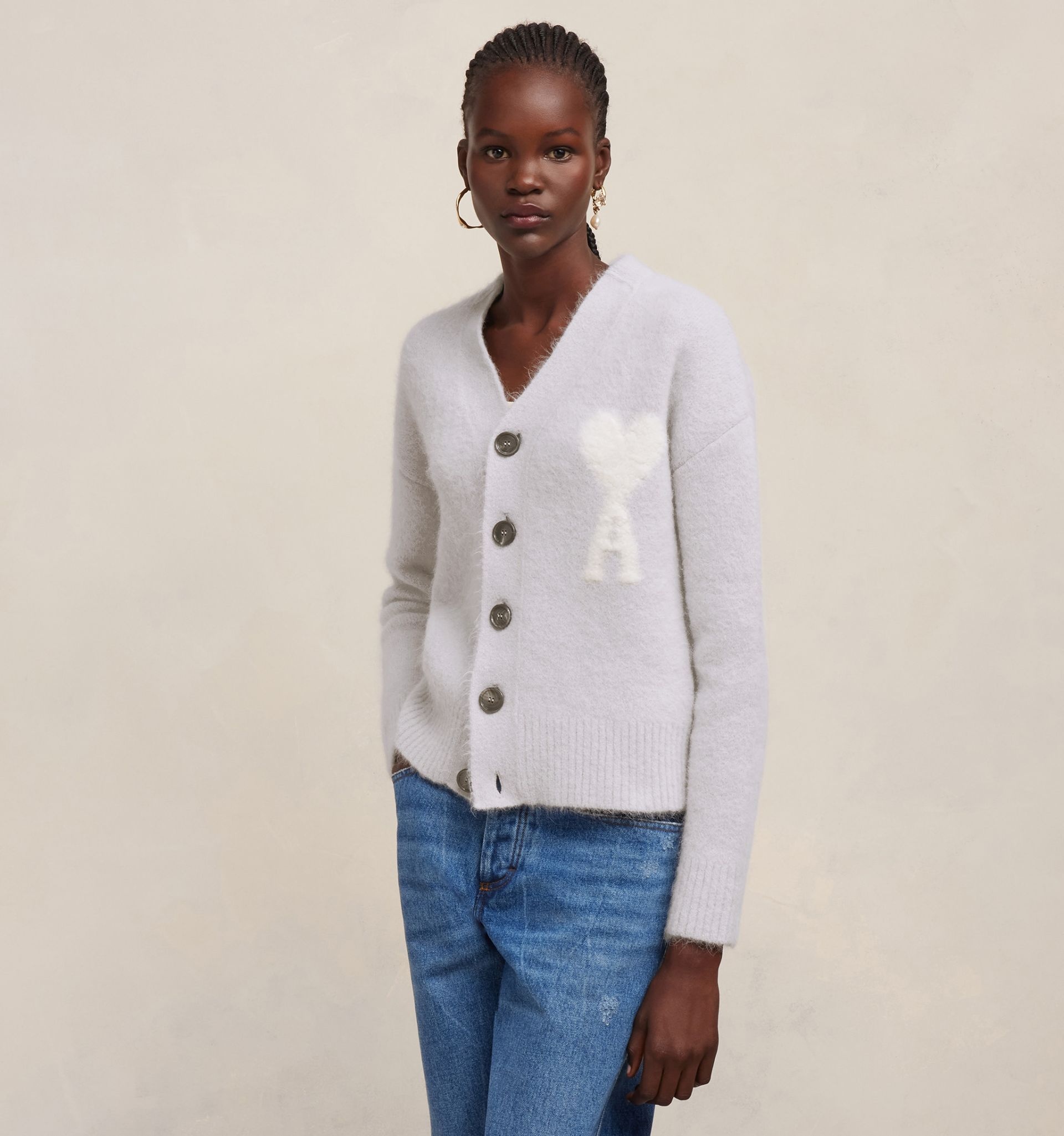 AMI Paris Cloudy Wool Ami de Cœur Cardigan | REVERSIBLE