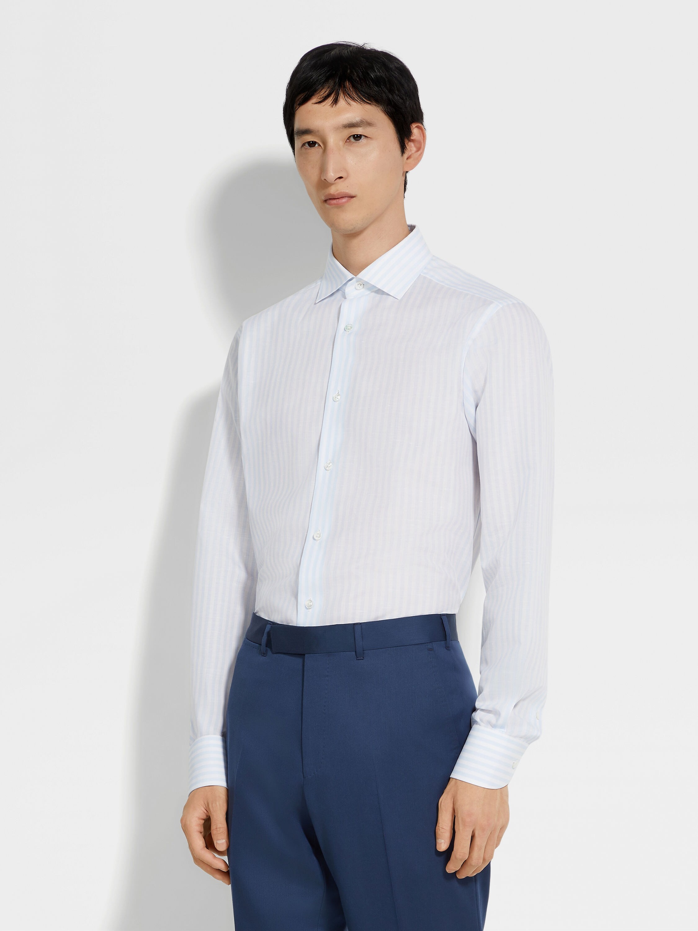 WHITE AND LIGHT BLUE MACRO-STRIPED CENTOVENTIMILA COTTON AND LINEN SHIRT - 3