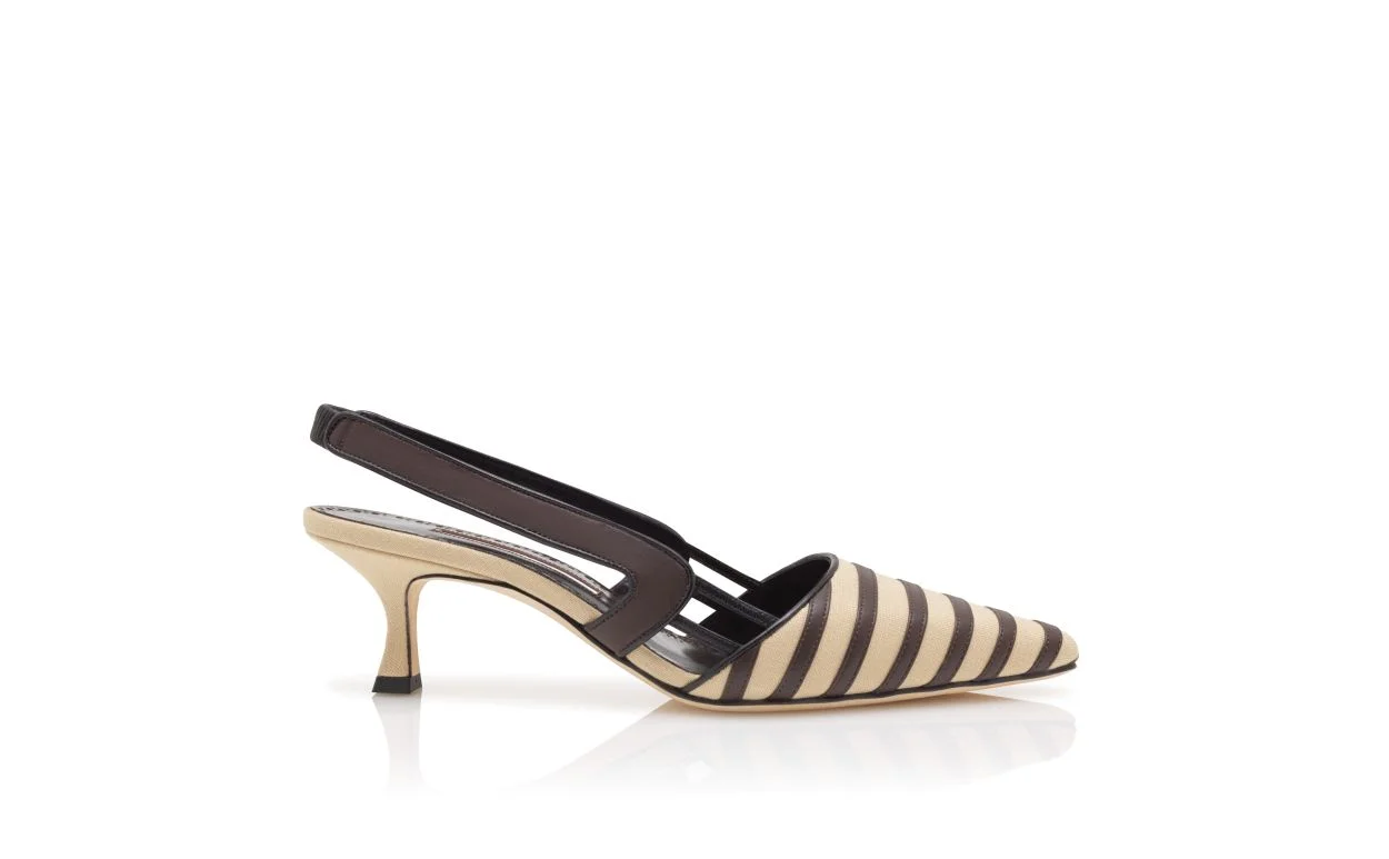 Light Beige And Brown Linen Slingback Pumps - 1