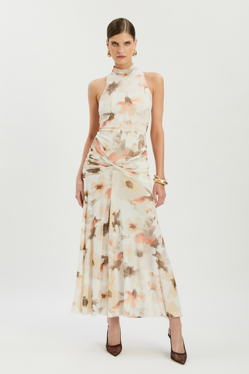 BARDOT Leanna Mesh Midi Dress In Ivory Floral outlook