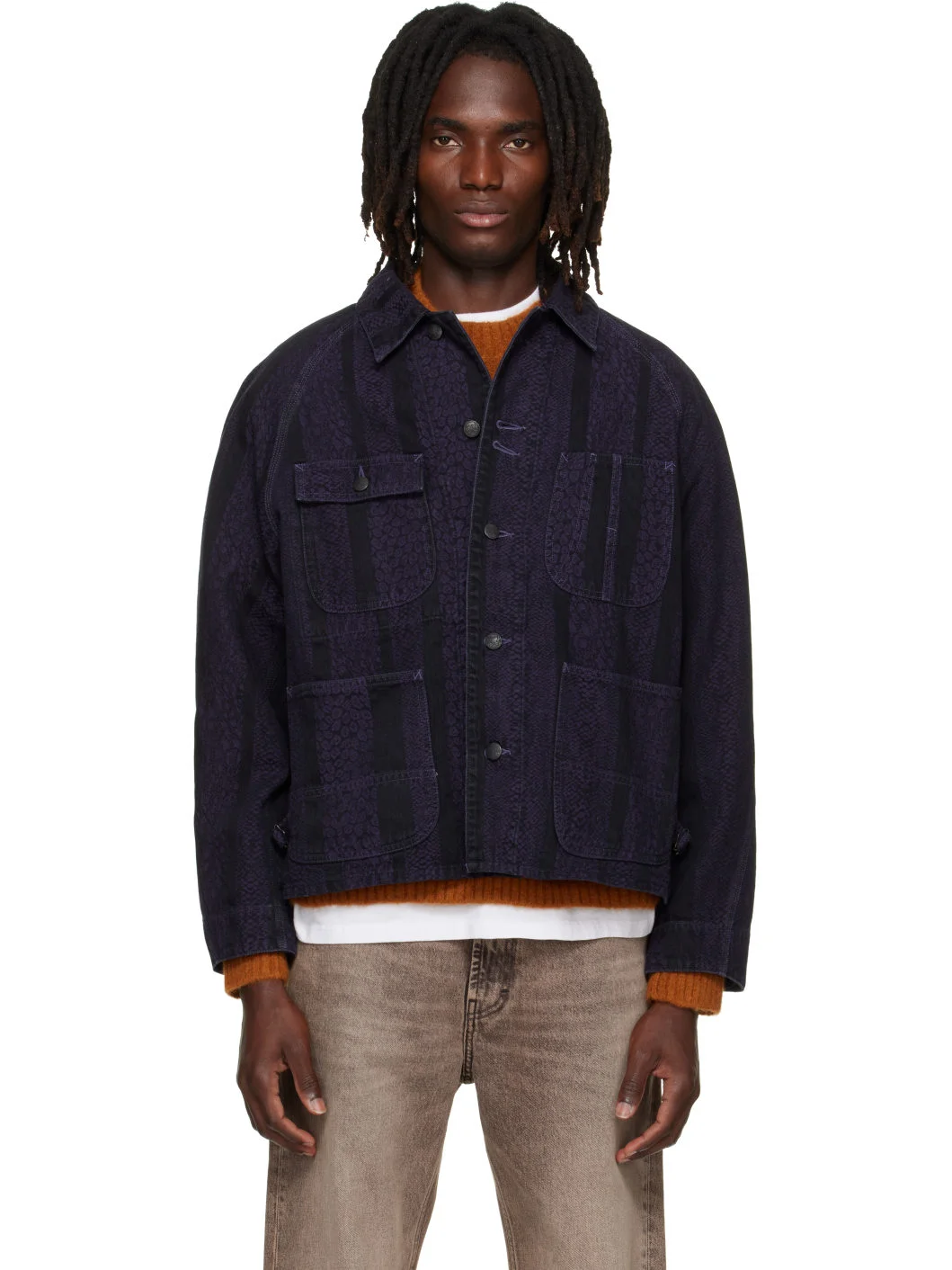 Black Python Jacquard Short Denim Jacket - 1