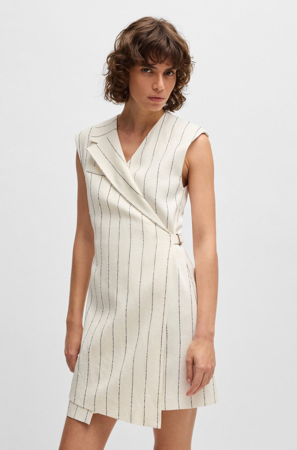 WRAP-FRONT DRESS IN A PINSTRIPE LINEN BLEND - 6