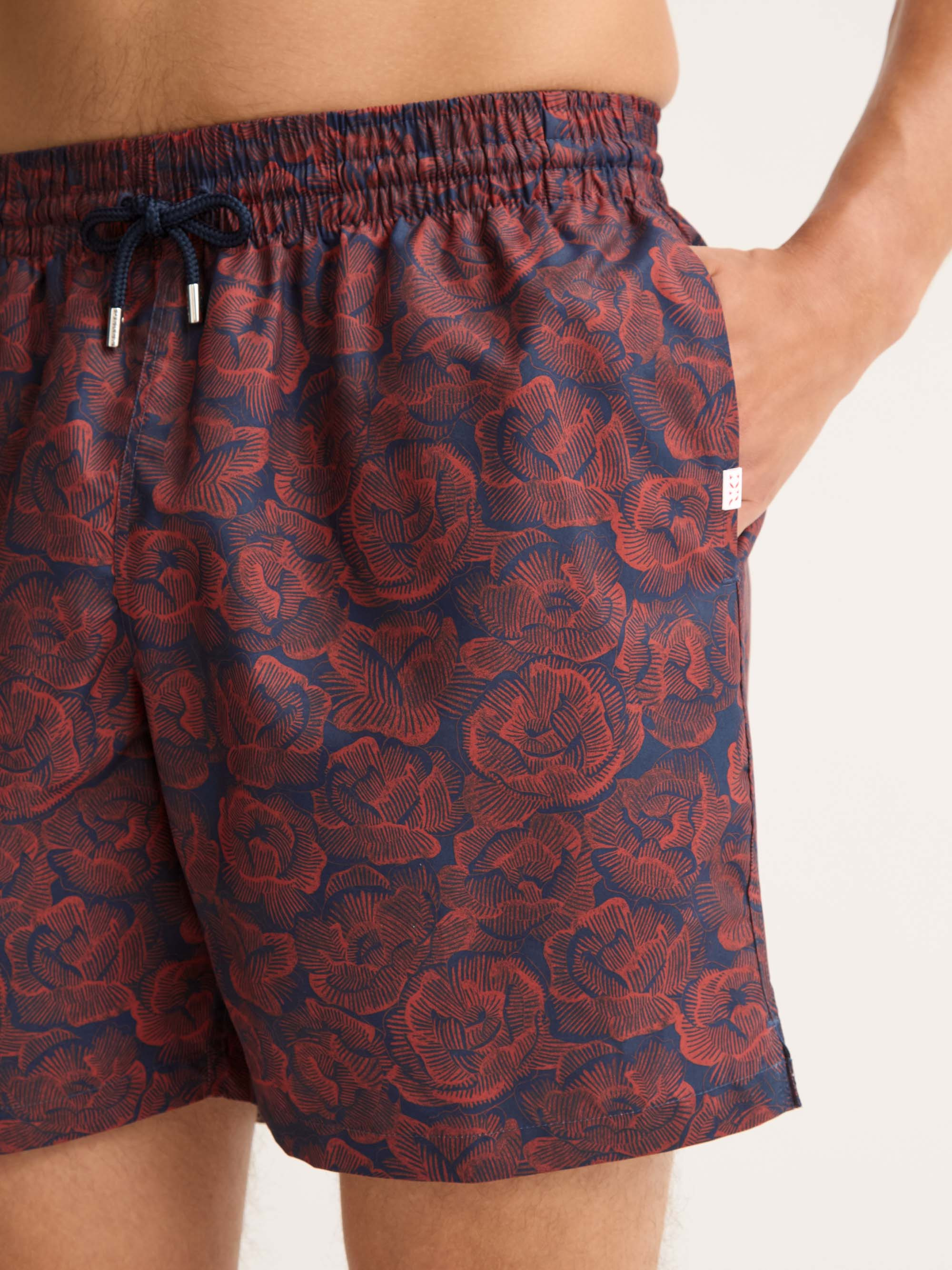 Men's Swim Trunks Maui Navy Blue & Red Rose Print - 5