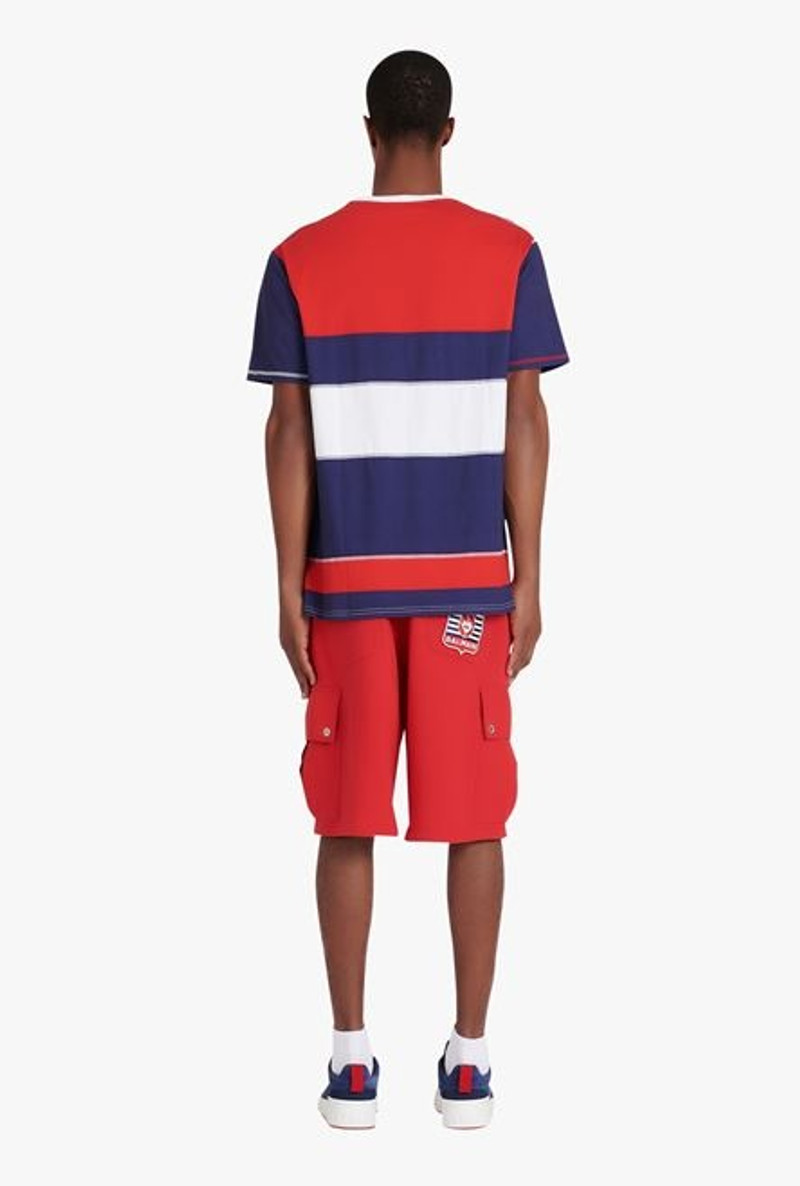HIGH SUMMER CAPSULE - Blue, red and white cotton T-shirt with Balmain Paris logo print 3