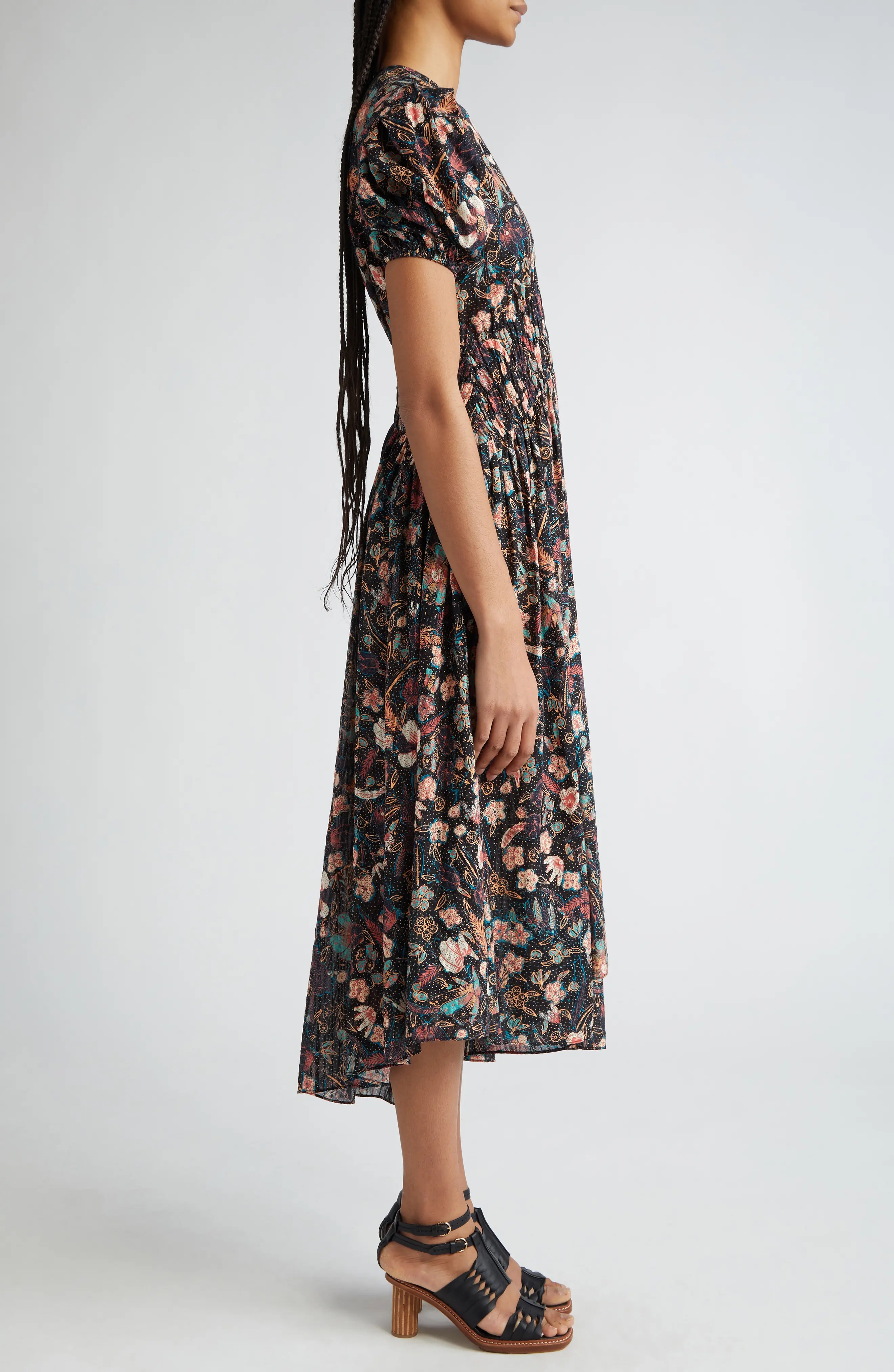 Eden Floral Puff Sleeve Cotton Blend Midi Dress - 3