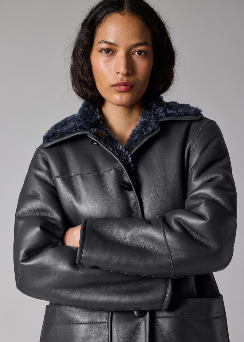 Women's Navy Reversible Leather and Shearling Coat 17