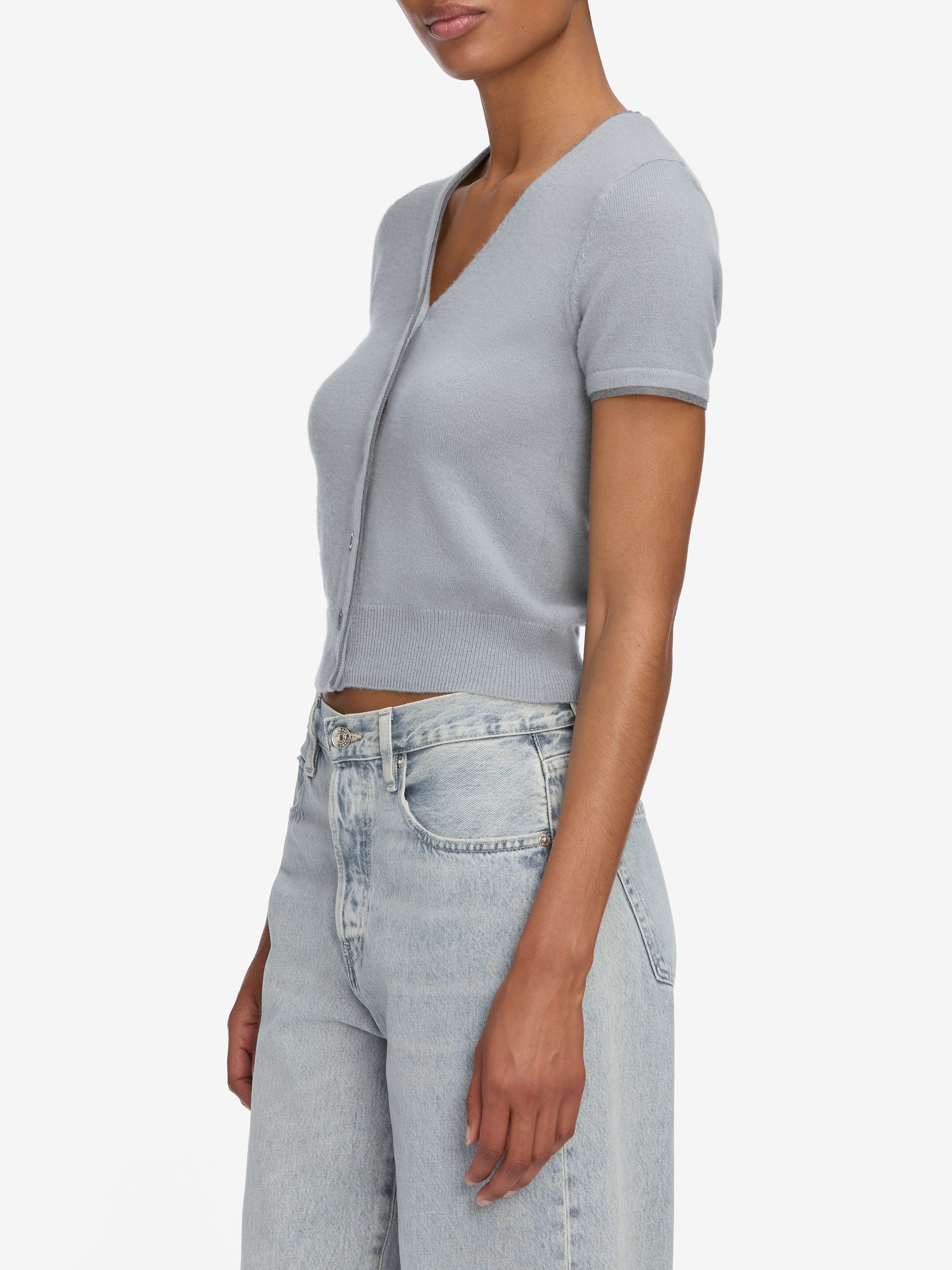 The Cashmere Mix Trim Cardi in Grey Blue - 5