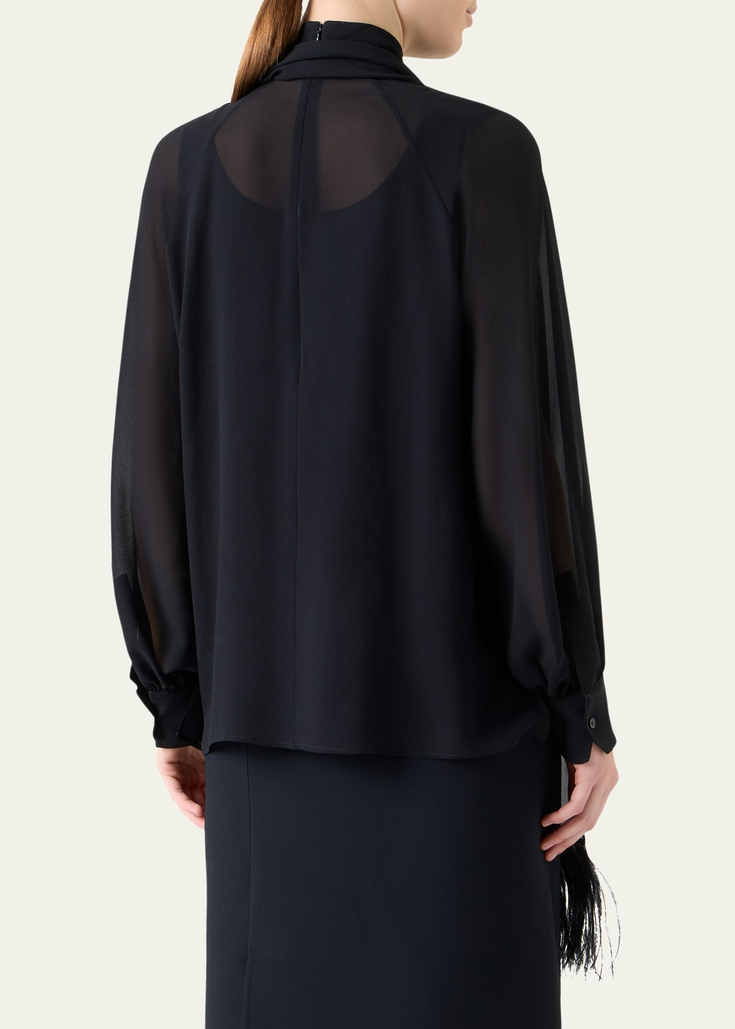 Feather-Trim Scarf Silk Georgette Blouse - 3