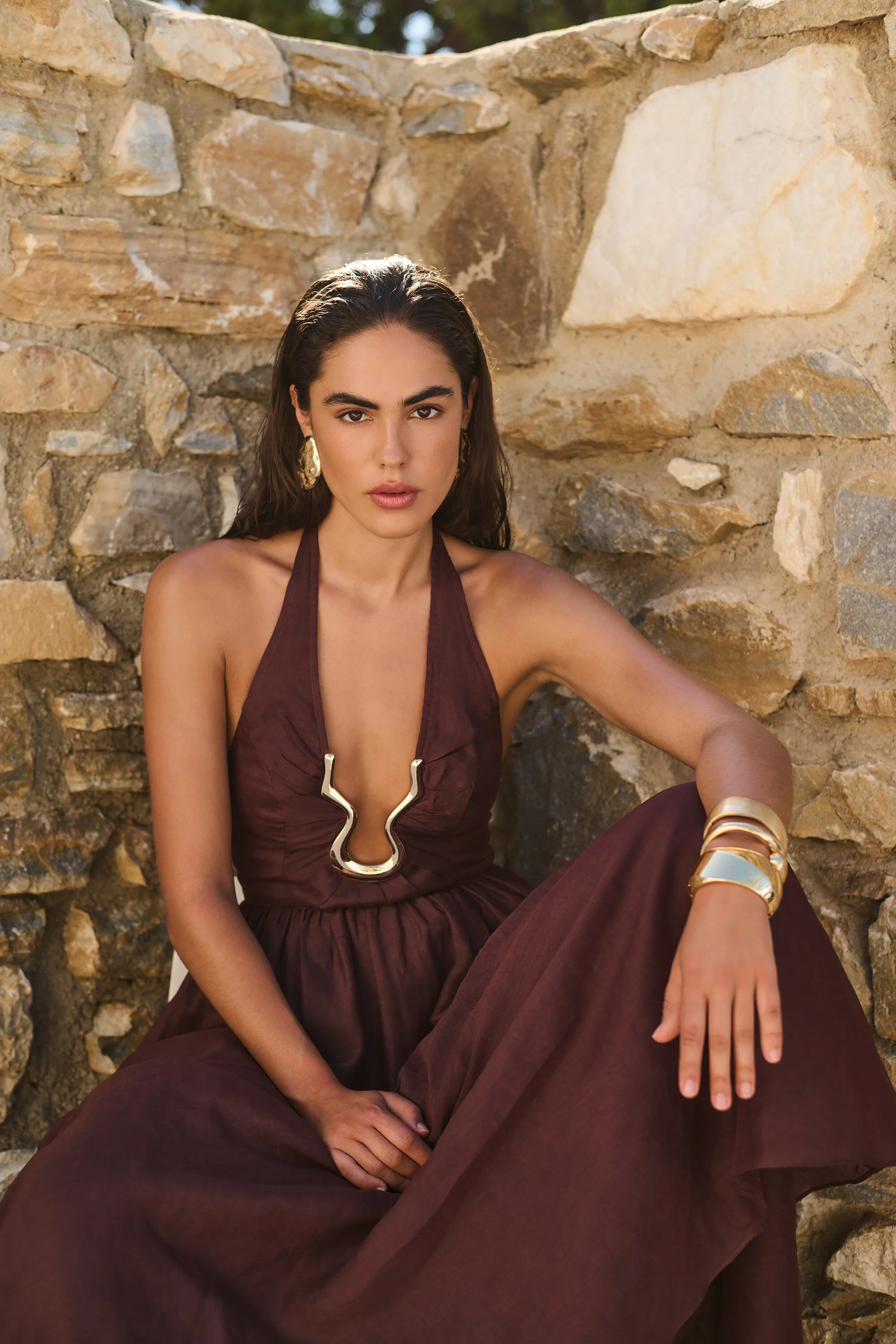 Cavarly Ramie Halter Dress In Chocolate - 1