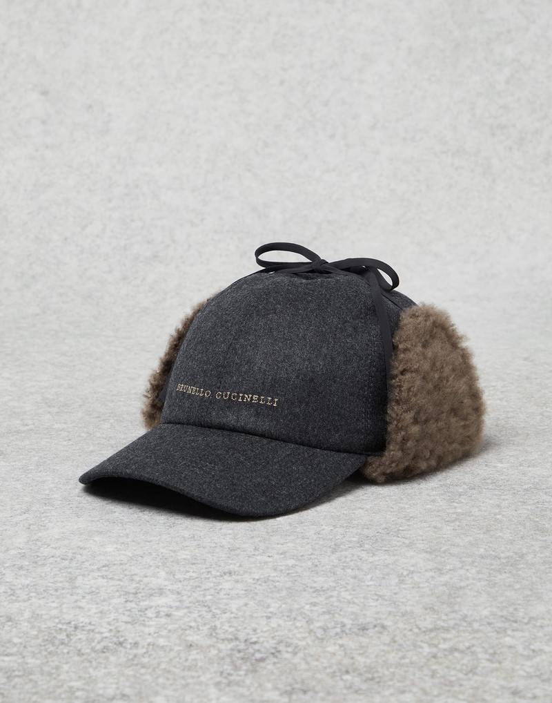 Virgin wool flannel baseball cap with precious shearling-lined ear flaps 1