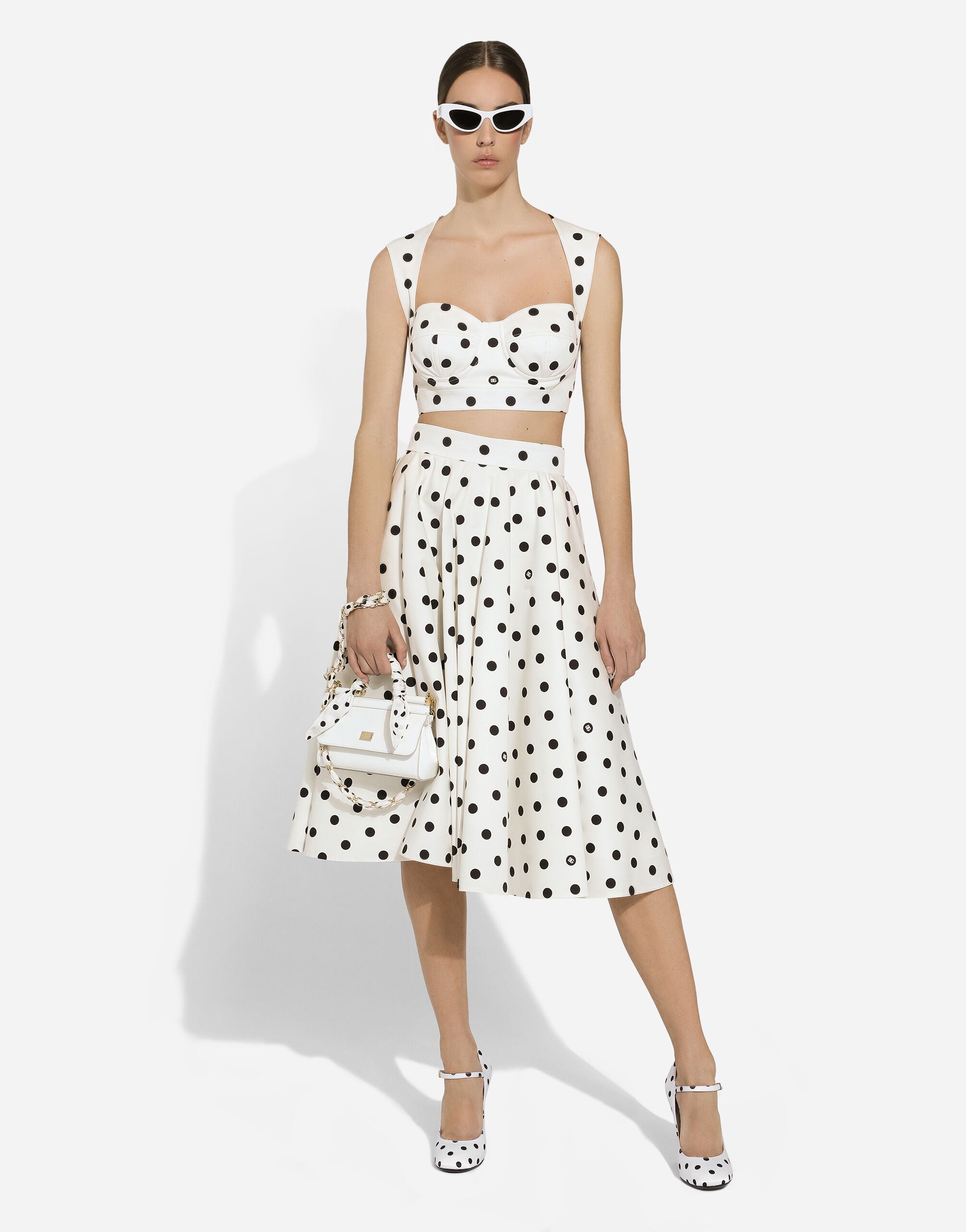 Cotton drill calf-length circle skirt with polka-dot print - 7