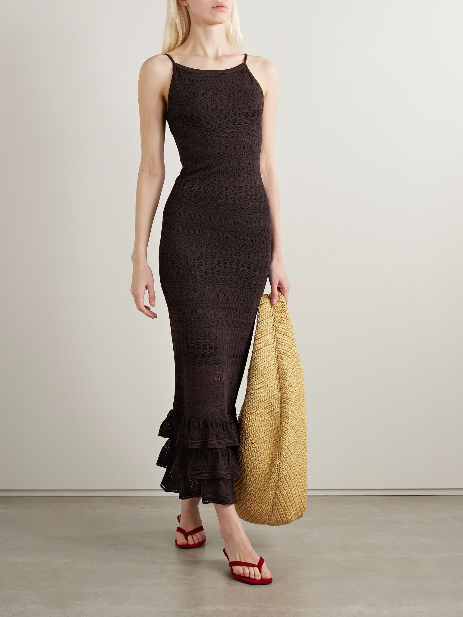 Bliss ruffled pointelle-knit maxi dress Dark brown - 2