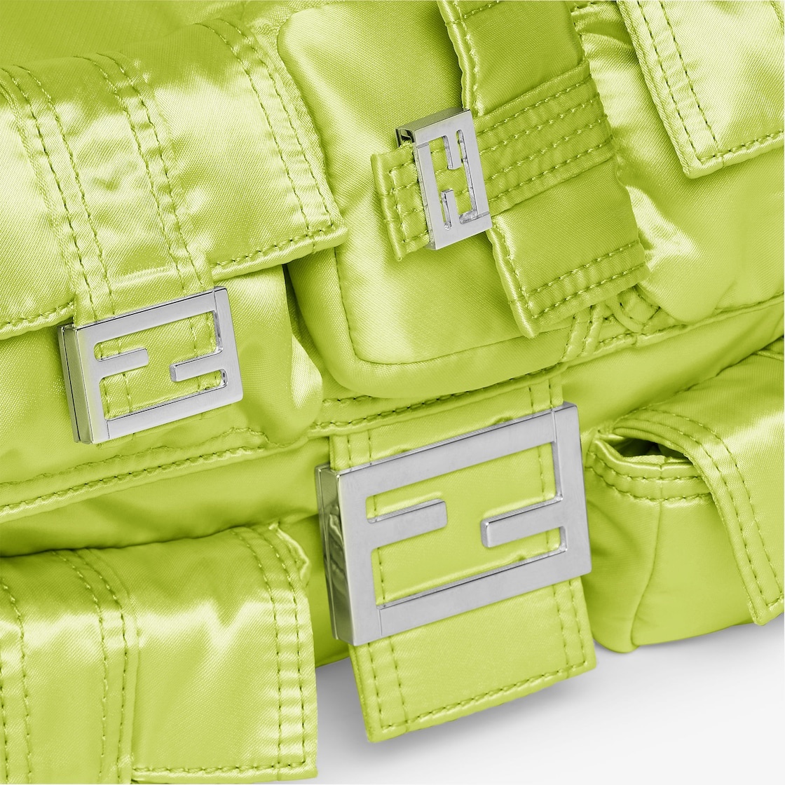 Baguette Multipocket bag made of green shiny recycled nylon, with five patch pockets in different si - 6
