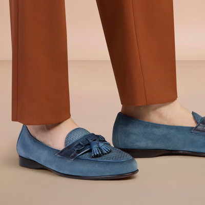Santoni Men's light blue suede and leather Andrea tassel loafer outlook