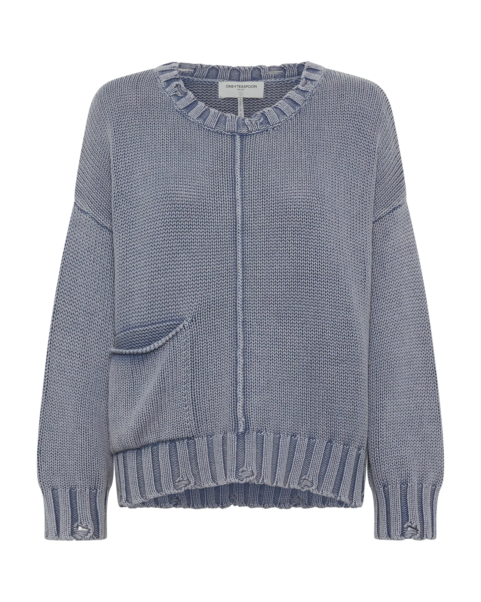 Acid Washed Oversized Pocket Sweater - Washed Blue - 1