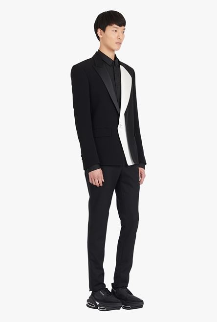Double-breasted black and white satin and crepe blazer - 7
