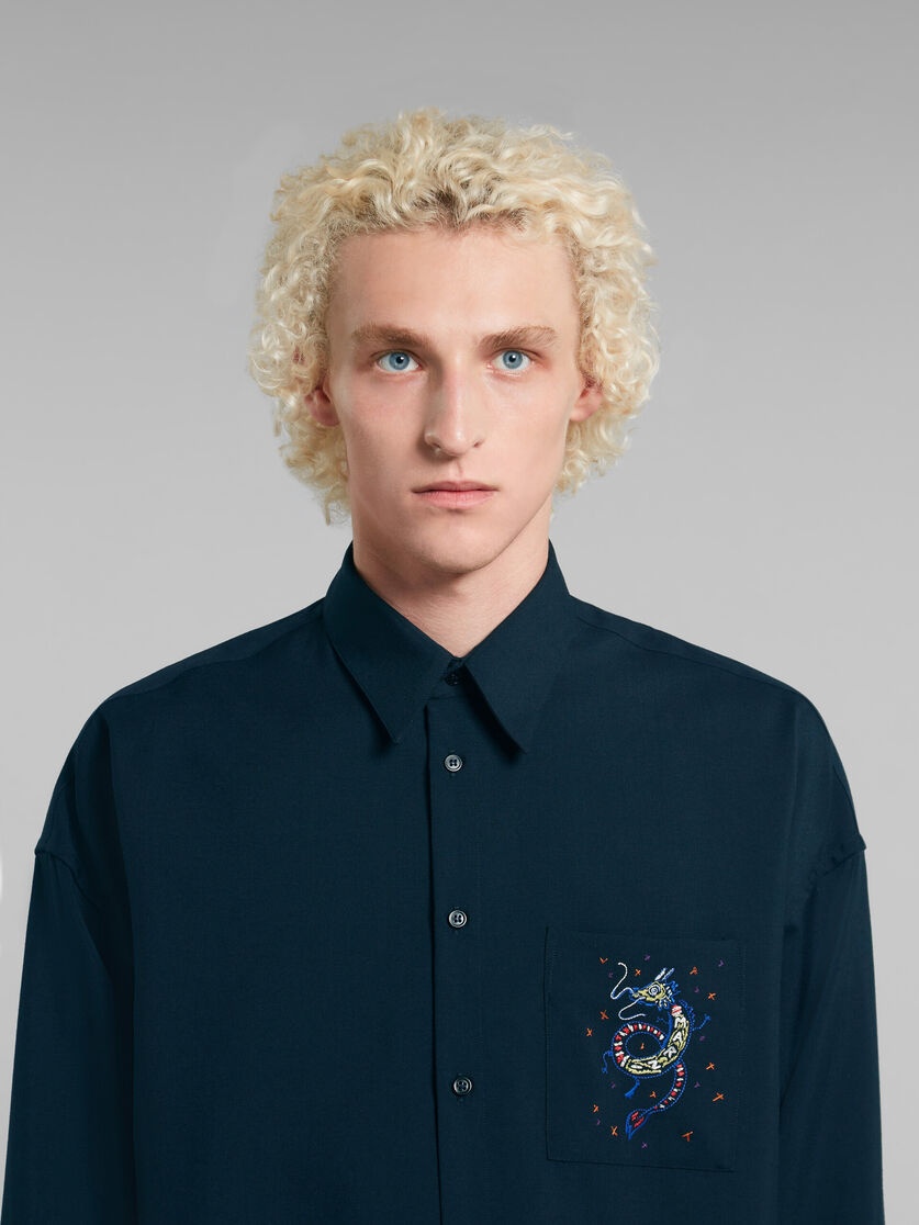 DEEP BLUE WOOL SHIRT WITH EMBROIDERED DRAGON - 4