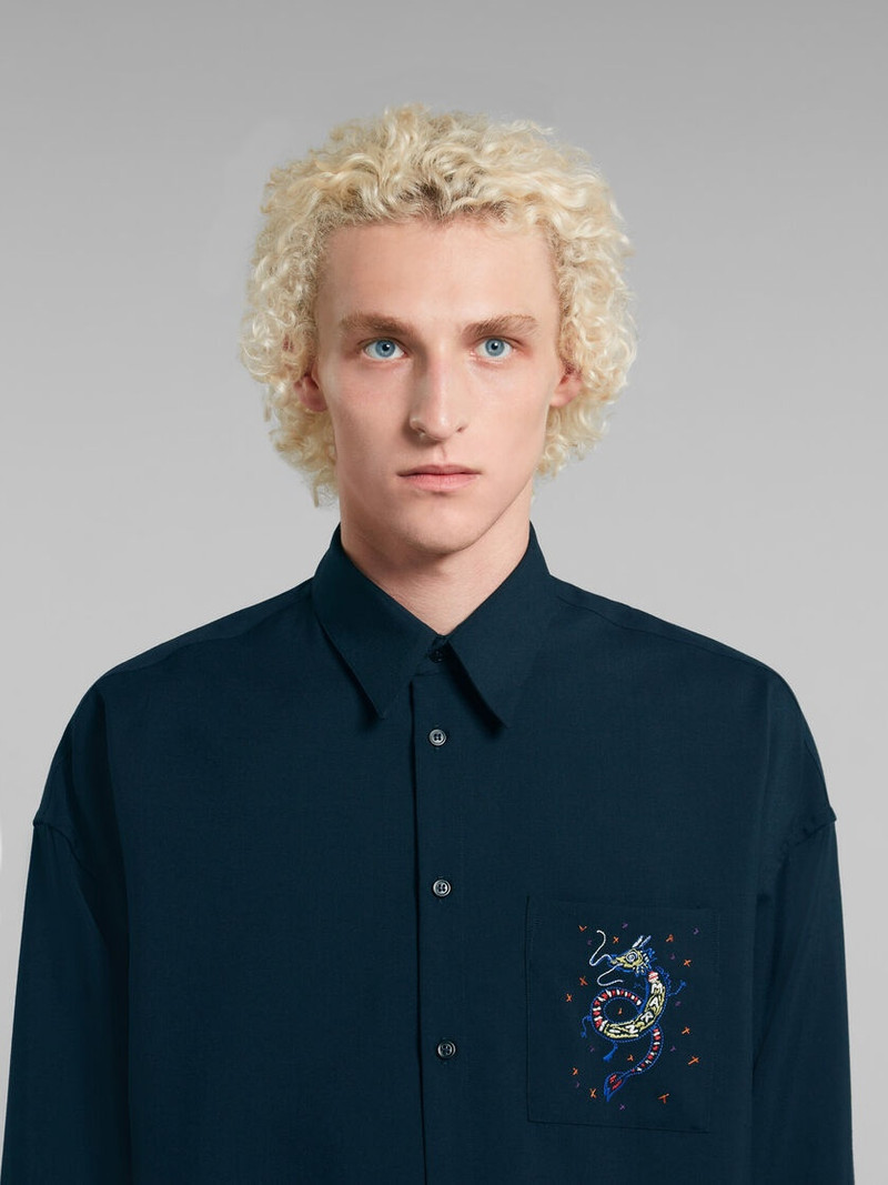 DEEP BLUE WOOL SHIRT WITH EMBROIDERED DRAGON 4