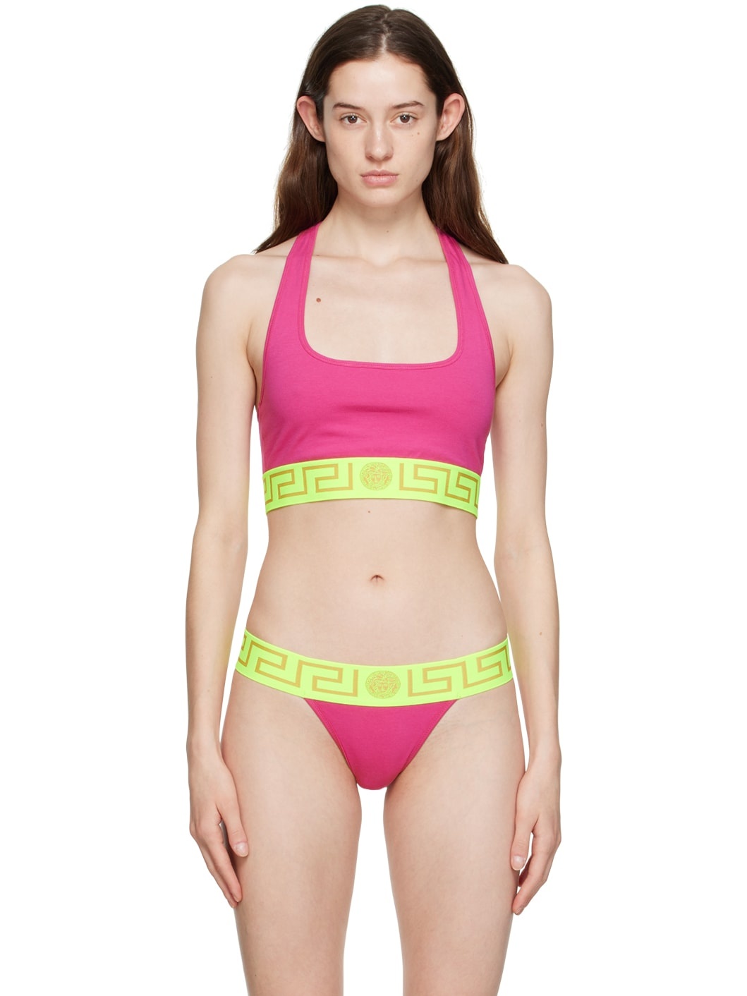 VERSACE Pink & Green Greca Border Sports Bra, ssense