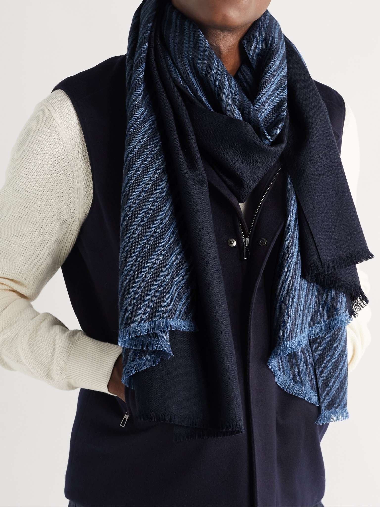 Fringed Striped Herringbone Cashmere and Silk-Blend Scarf - 2