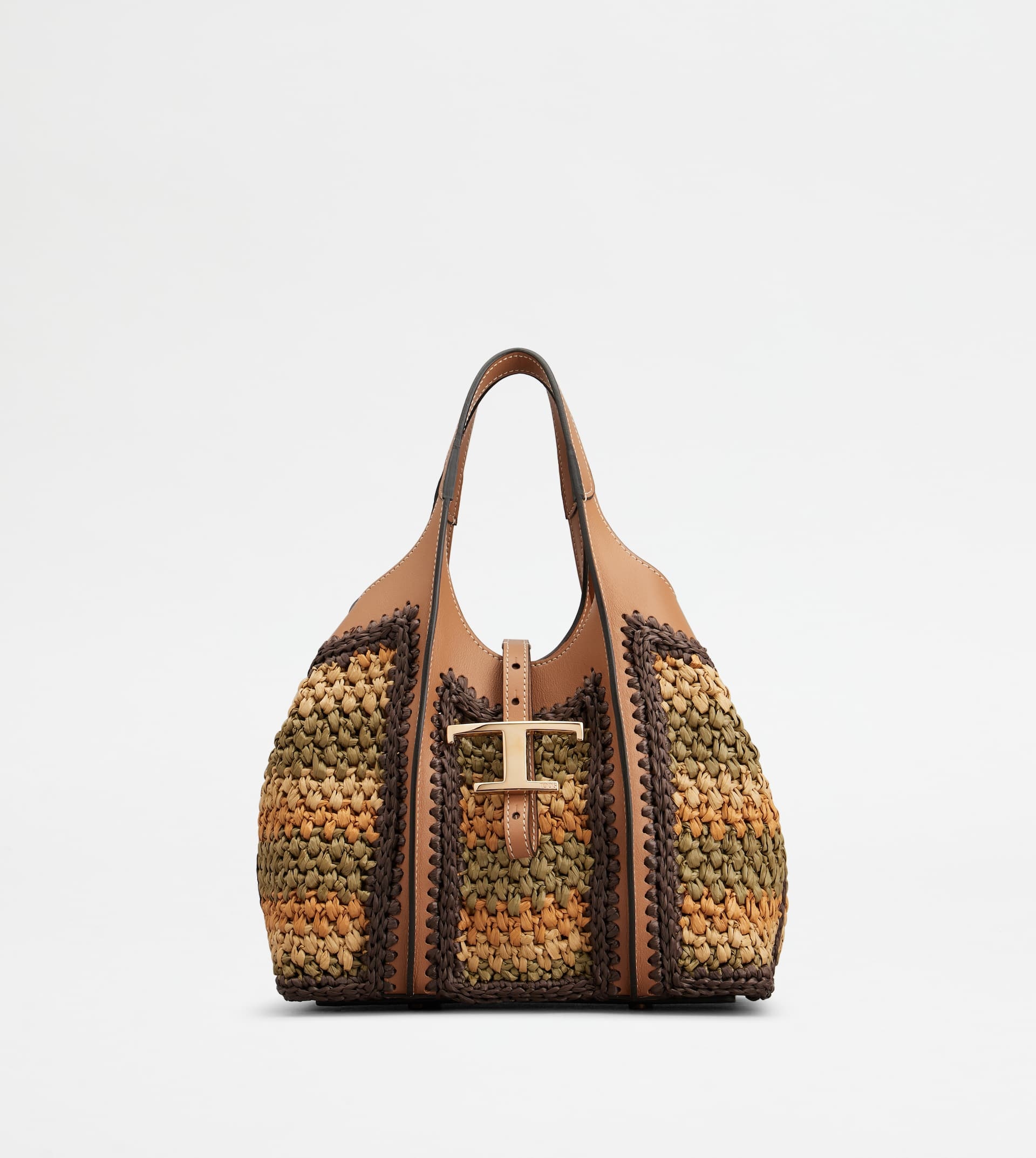 T TIMELESS SHOPPING BAG IN LEATHER AND FABRIC MINI - BEIGE, ORANGE, GREEN - 1