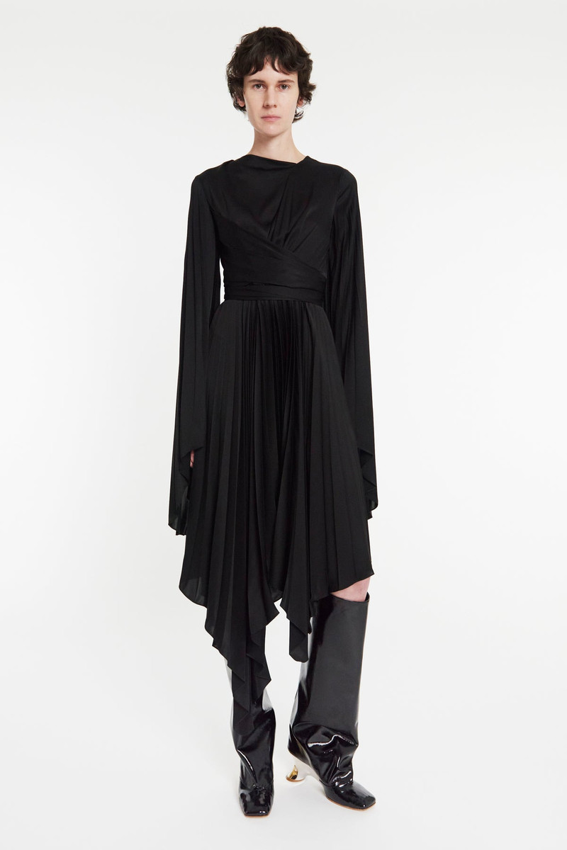 WRAP AROUND MIDI DRESS WITH PLEATED SKIRT & SLEEVES BLACK - 1