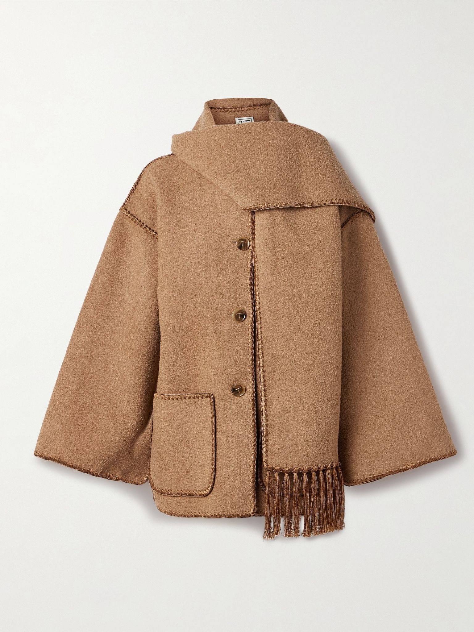 Draped fringed wool-blend bouclé jacket Camel - 1